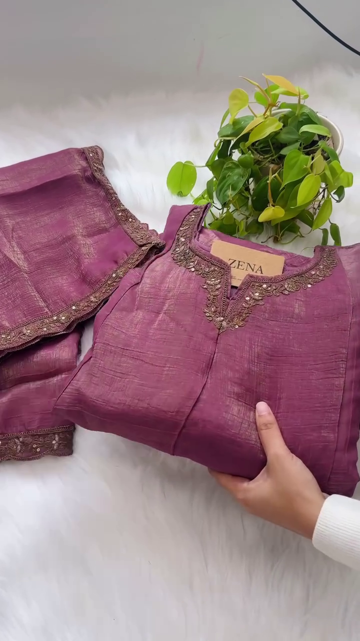Shimmer Tissue Silk Straight Kurti with Pants and Silk Dupatta – A Symphony of Elegance