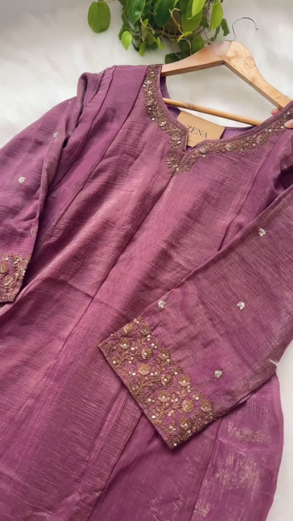 Shimmer Tissue Silk Straight Kurti with Pants and Silk Dupatta – A Symphony of Elegance