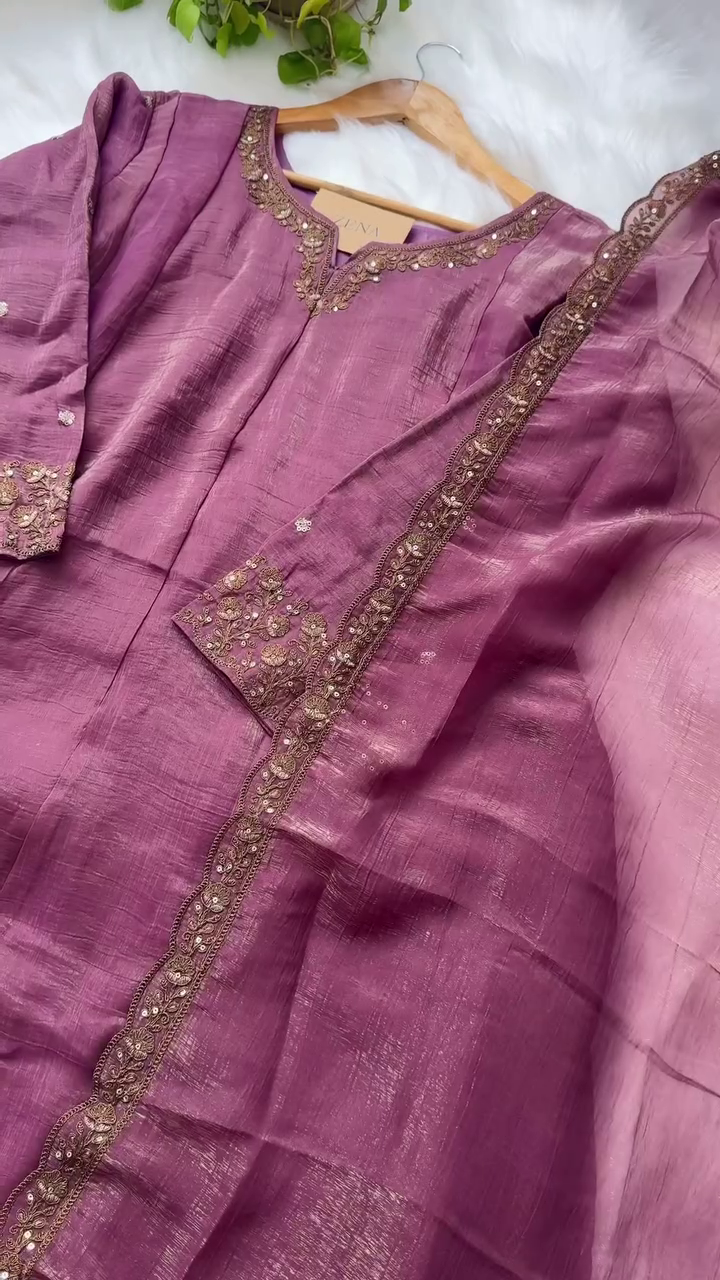 Shimmer Tissue Silk Straight Kurti with Pants and Silk Dupatta – A Symphony of Elegance