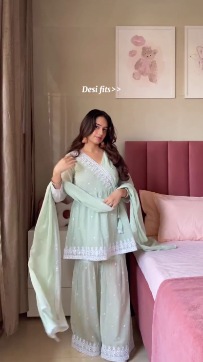 Embroidered Cotton Angrakha, Pants & Dupatta Set – Timeless Grace in Every Detail