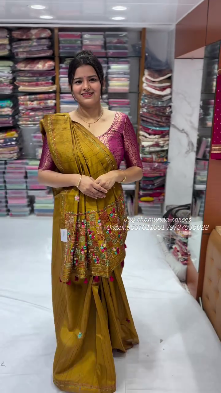 Tussar by Cotton Kalamkari Saree – Honey Brown with Mustard Yellow