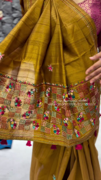 Tussar by Cotton Kalamkari Saree – Honey Brown with Mustard Yellow