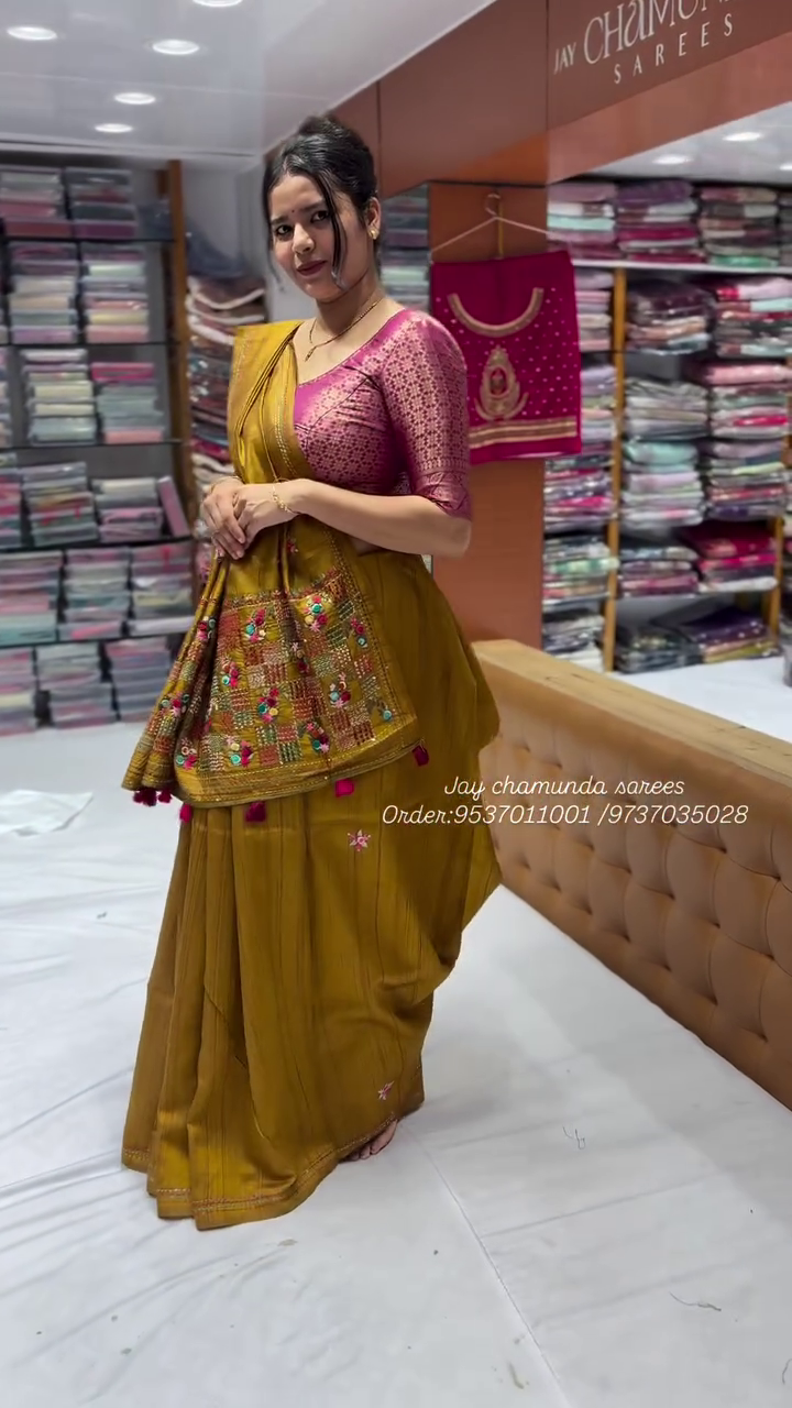Tussar by Cotton Kalamkari Saree – Honey Brown with Mustard Yellow