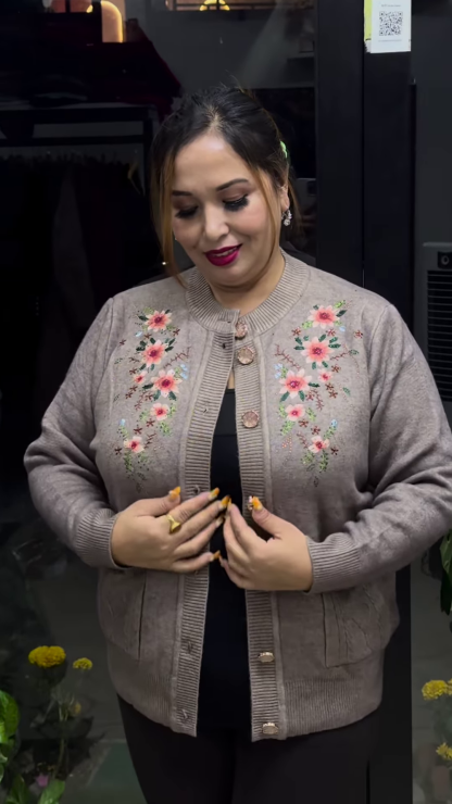Plus Size Embroidered Pure Acrylic Cardigan