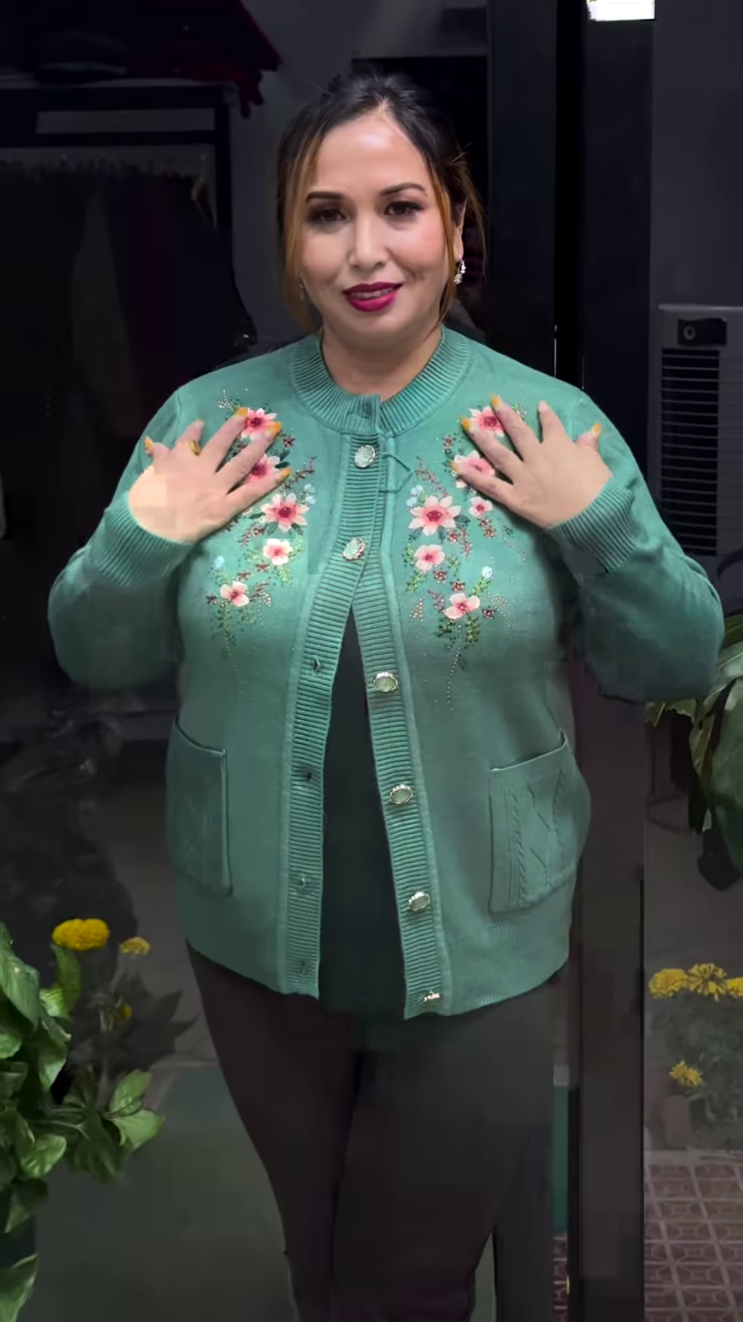Plus Size Embroidered Pure Acrylic Cardigan