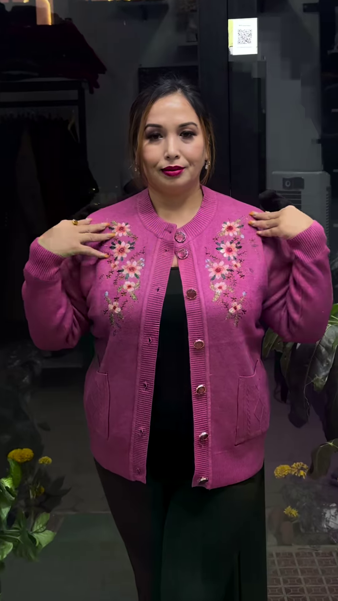 Plus Size Embroidered Pure Acrylic Cardigan