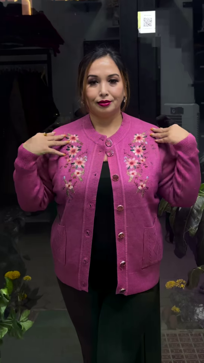 Plus Size Embroidered Pure Acrylic Cardigan