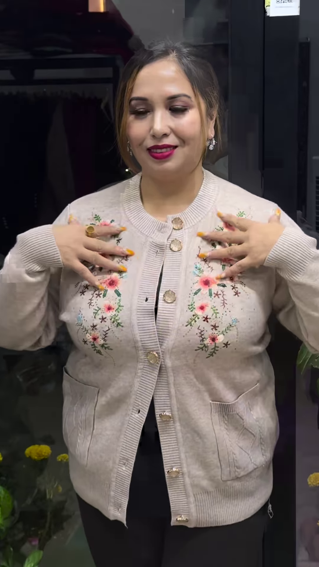 Plus Size Embroidered Pure Acrylic Cardigan