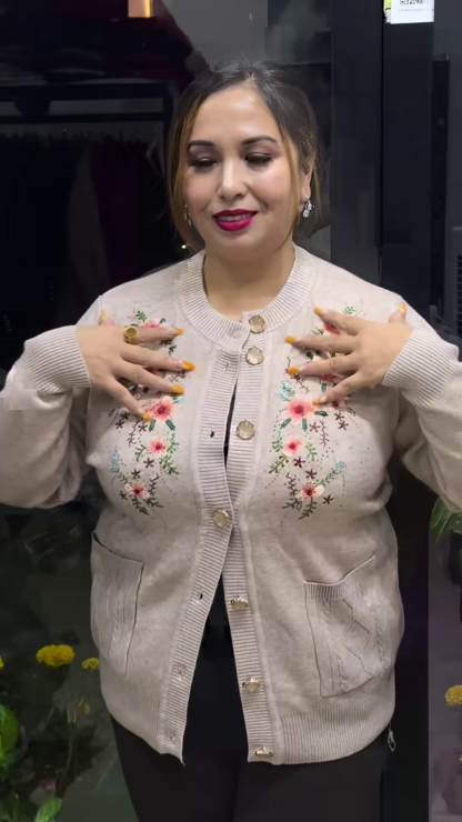 Plus Size Embroidered Pure Acrylic Cardigan