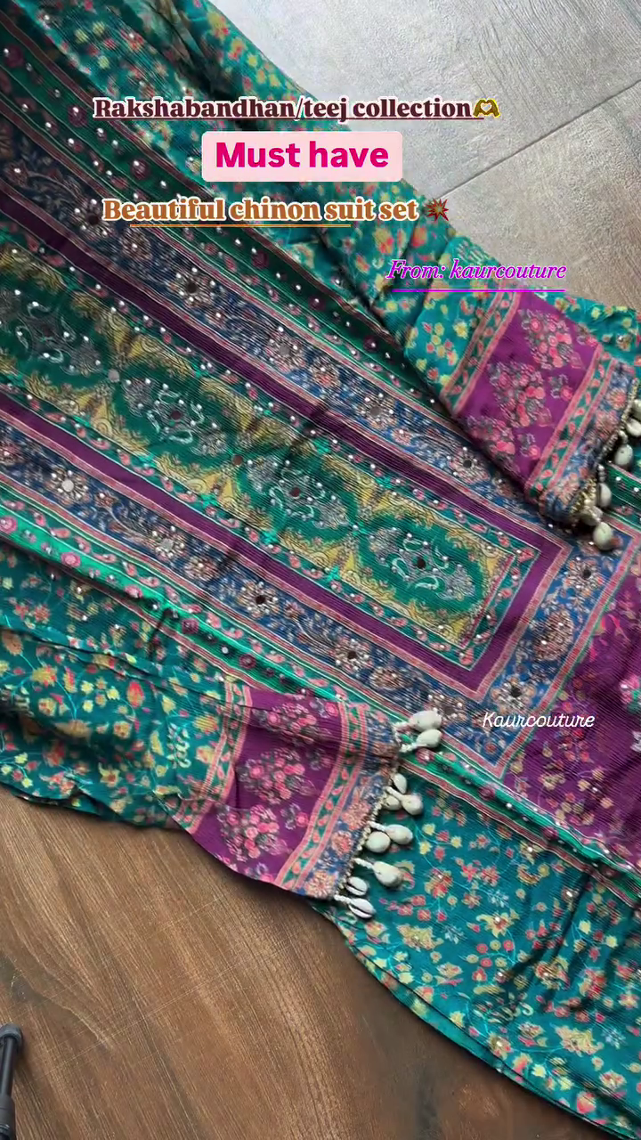 heavy chinon printed with mirror and kodi work 3 pcs suit set