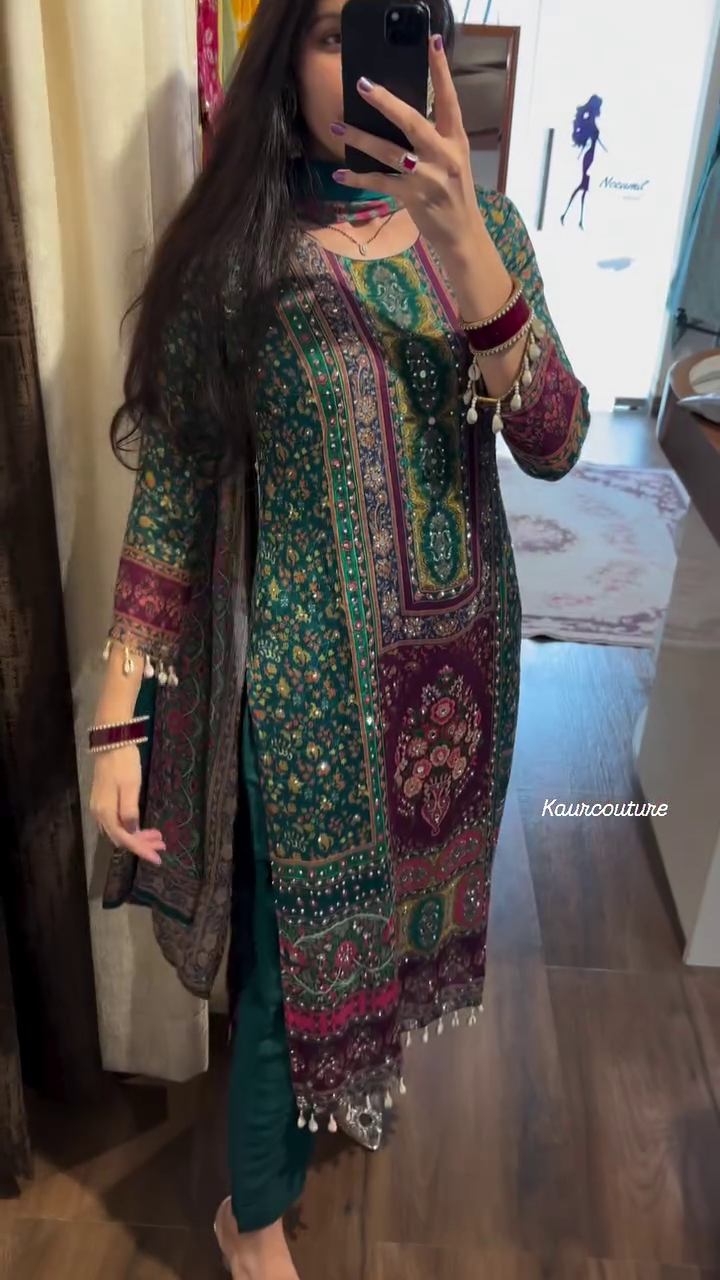 heavy chinon printed with mirror and kodi work 3 pcs suit set