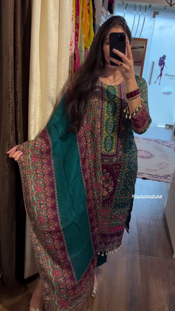 heavy chinon printed with mirror and kodi work 3 pcs suit set