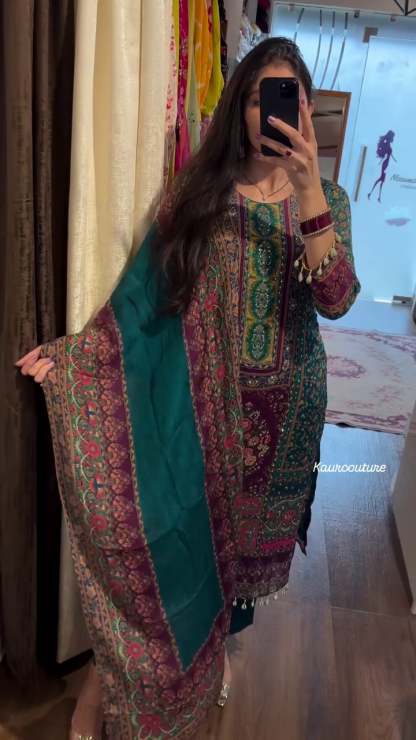 heavy chinon printed with mirror and kodi work 3 pcs suit set