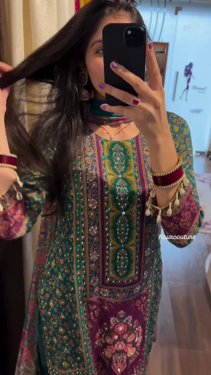 heavy chinon printed with mirror and kodi work 3 pcs suit set