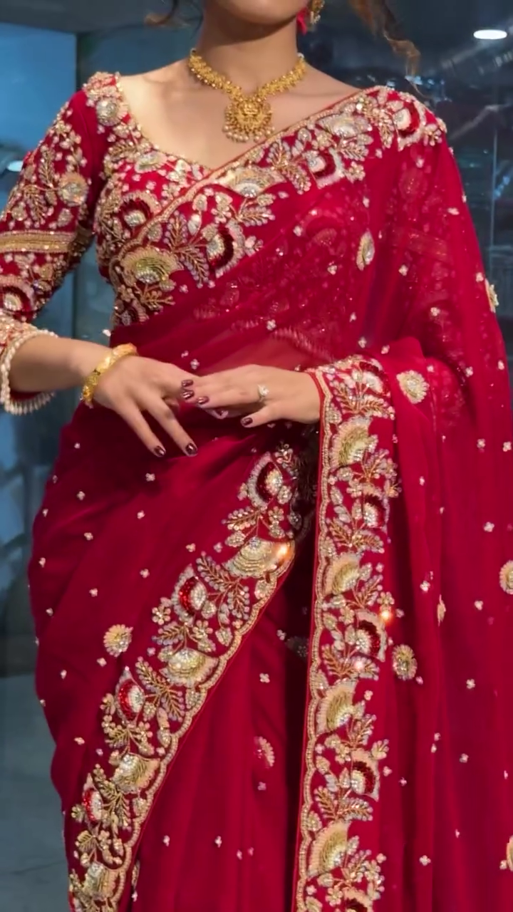 Women’s Pure Rangoli Fabric Saree with Beautiful Sequins Embroidery & Cording Work – Red Bollywood Saree
