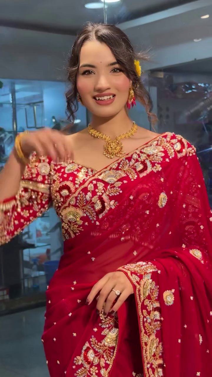Women’s Pure Rangoli Fabric Saree with Beautiful Sequins Embroidery & Cording Work – Red Bollywood Saree