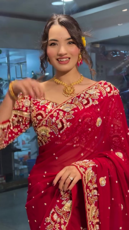 Women’s Pure Rangoli Fabric Saree with Beautiful Sequins Embroidery & Cording Work – Red Bollywood Saree