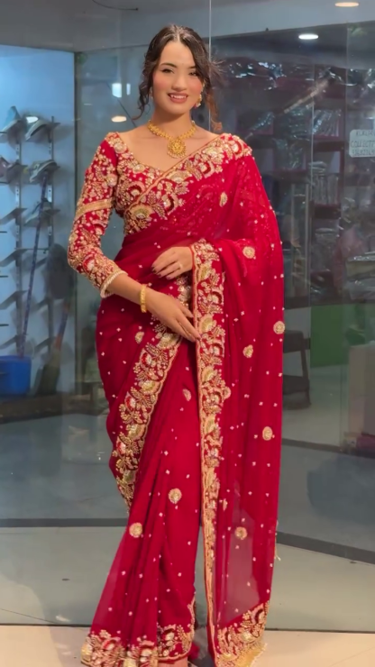 Women’s Pure Rangoli Fabric Saree with Beautiful Sequins Embroidery & Cording Work – Red Bollywood Saree
