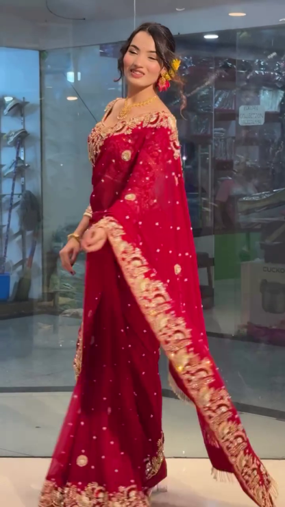 Women’s Pure Rangoli Fabric Saree with Beautiful Sequins Embroidery & Cording Work – Red Bollywood Saree