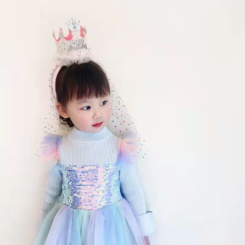 [SG] Cute Kids Veil with Hairband Birthday Hats Girls Birthday Cake Crown Tiara Kids Veil Headpieces Photo Shooting-HOMA