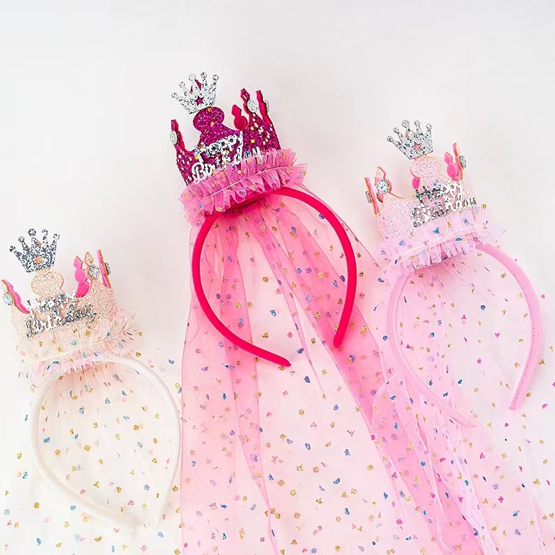 [SG] Cute Kids Veil with Hairband Birthday Hats Girls Birthday Cake Crown Tiara Kids Veil Headpieces Photo Shooting-HOMA
