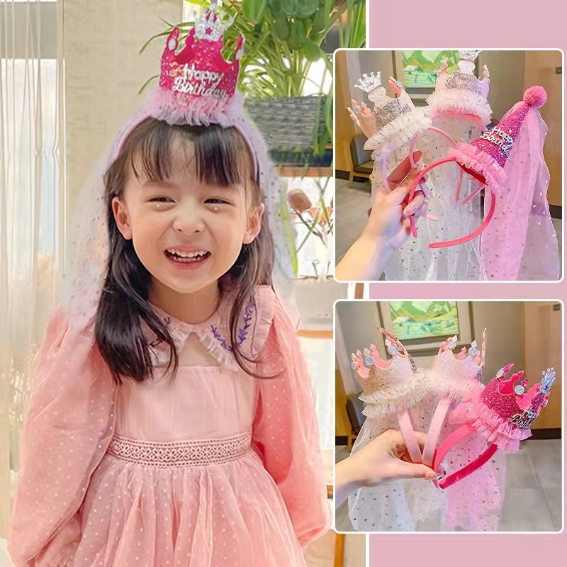 [SG] Cute Kids Veil with Hairband Birthday Hats Girls Birthday Cake Crown Tiara Kids Veil Headpieces Photo Shooting-HOMA