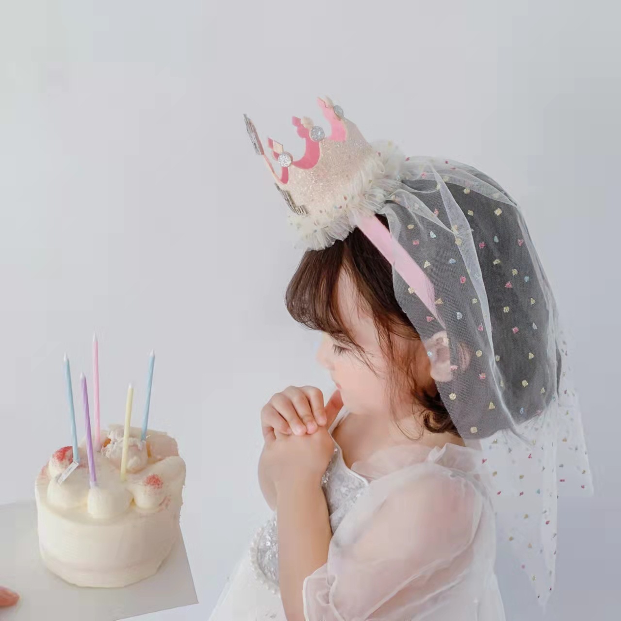 [SG] Cute Kids Veil with Hairband Birthday Hats Girls Birthday Cake Crown Tiara Kids Veil Headpieces Photo Shooting-HOMA