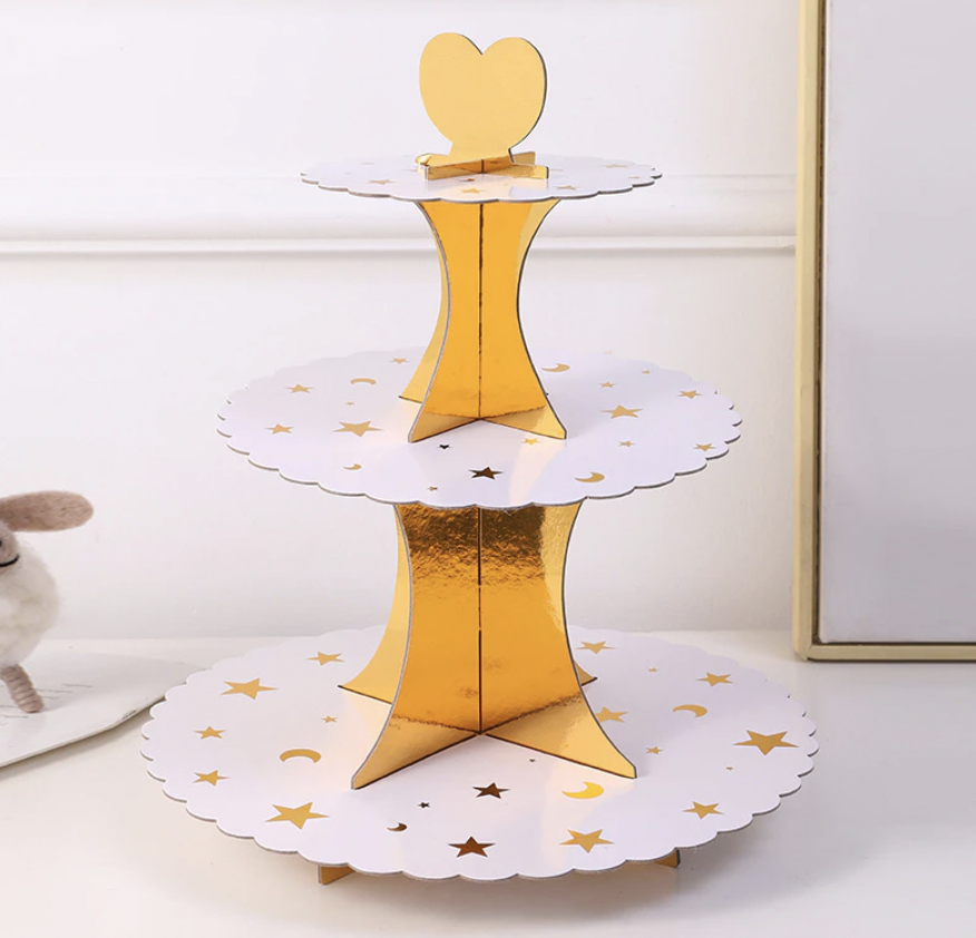 [SG]Three-Tier Gold/Silver Paper Cake Stand Party Tableware Set Birthday Candy Stand 3-Layer Party Kindergarten-HOMA