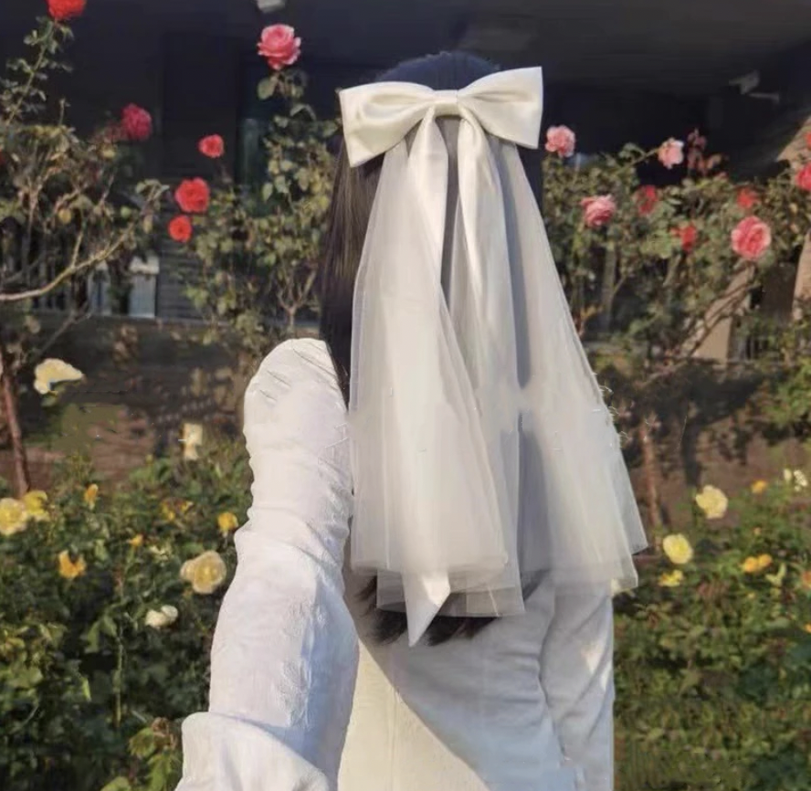[SG]BaiLu-Style 2 Layers White Bridal Veil Headpiece for Wedding Photographing ROM photo taking w/ Satin Bow Tie-HOMA