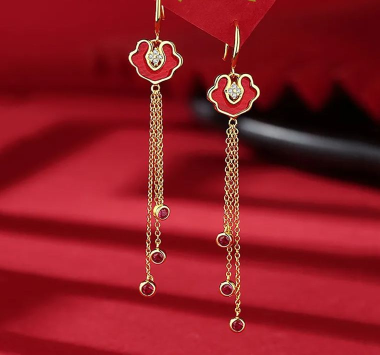 [SG]1 Pair Premium Quality Chinese Style Red Earrings/Earbuds Chinese New Year FACAI RICH FU-HOMA
