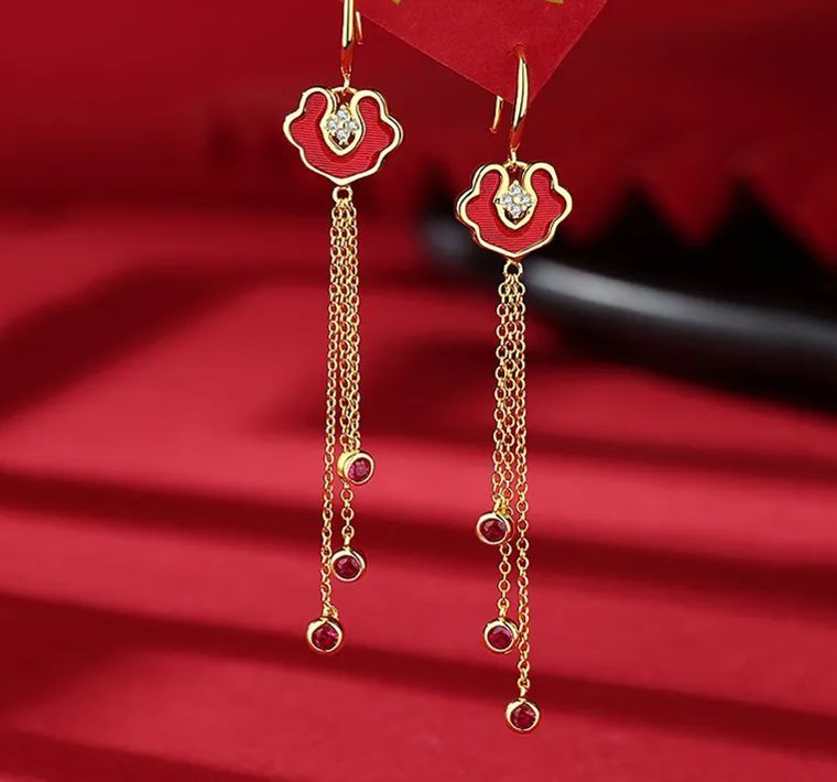 [SG]1 Pair Premium Quality Chinese Style Red Earrings/Earbuds Chinese New Year FACAI RICH FU-HOMA