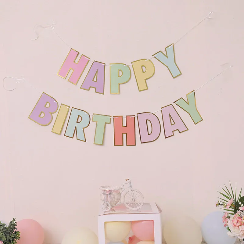 [SG]Happy Birthday Fishtail Macaron GoldEdge Hanging Paper Banners Birthday Party Decorations Garland for Home Decor-HOMA