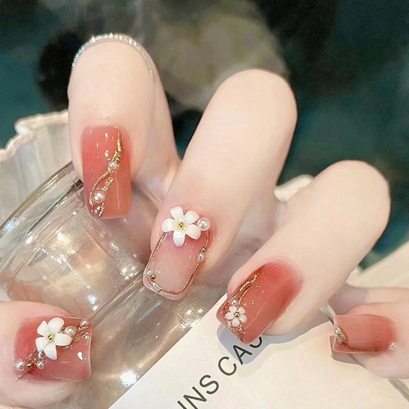 [SG]Gold Pink Flower | Fashionable Sexy Cute Press On/Stick On Nails 24PCS-HOMA