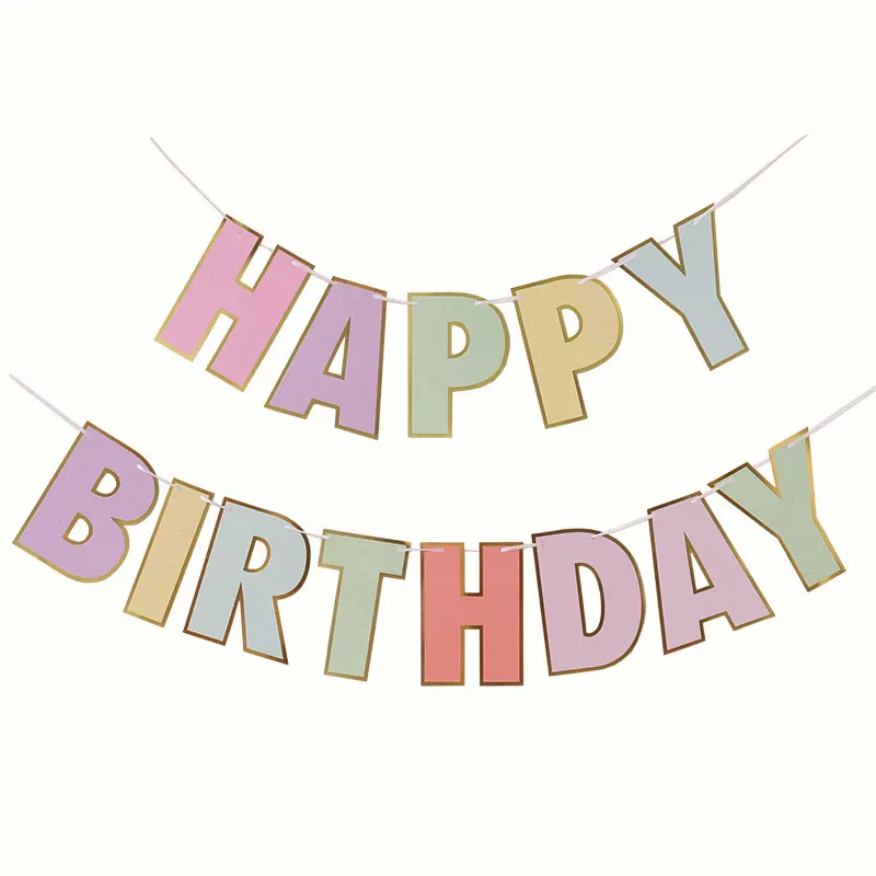[SG]Happy Birthday Fishtail Macaron GoldEdge Hanging Paper Banners Birthday Party Decorations Garland for Home Decor-HOMA