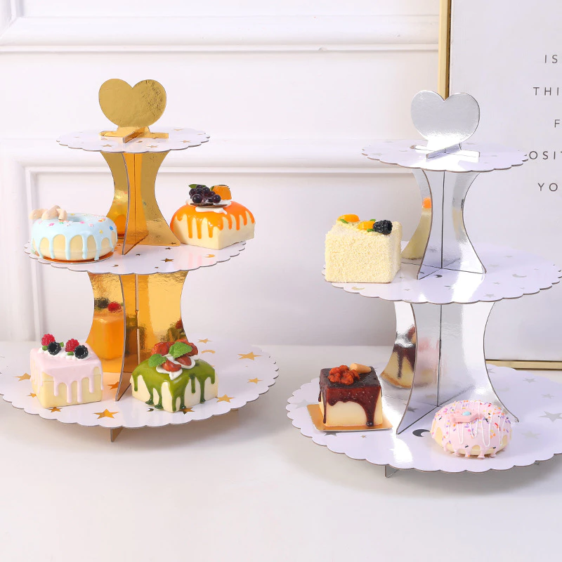 [SG]Three-Tier Gold/Silver Paper Cake Stand Party Tableware Set Birthday Candy Stand 3-Layer Party Kindergarten-HOMA