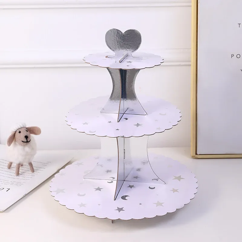 [SG]Three-Tier Gold/Silver Paper Cake Stand Party Tableware Set Birthday Candy Stand 3-Layer Party Kindergarten-HOMA
