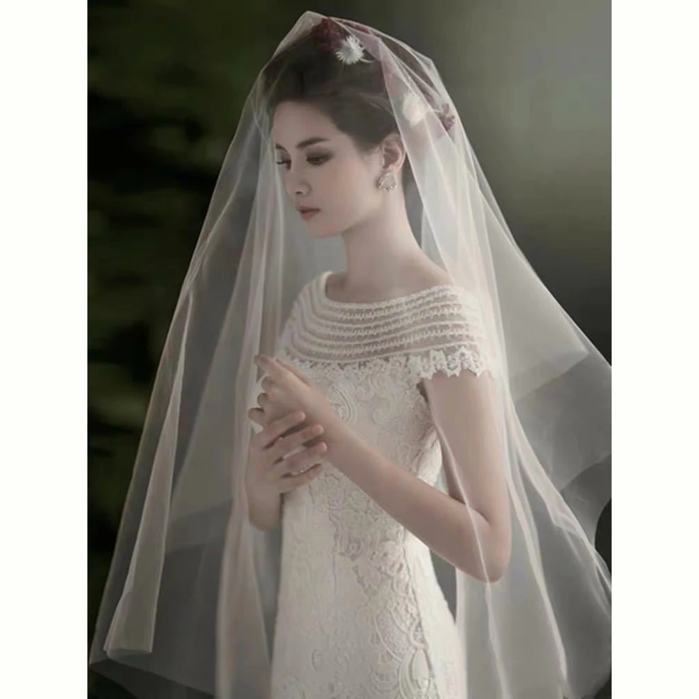 [SG]Simple Cathedral Style 1 Layer Long White Bridal Veil Headpiece 1.5m|2m Soft Switzerland Plain Yarn Wedding ROM-HOMA