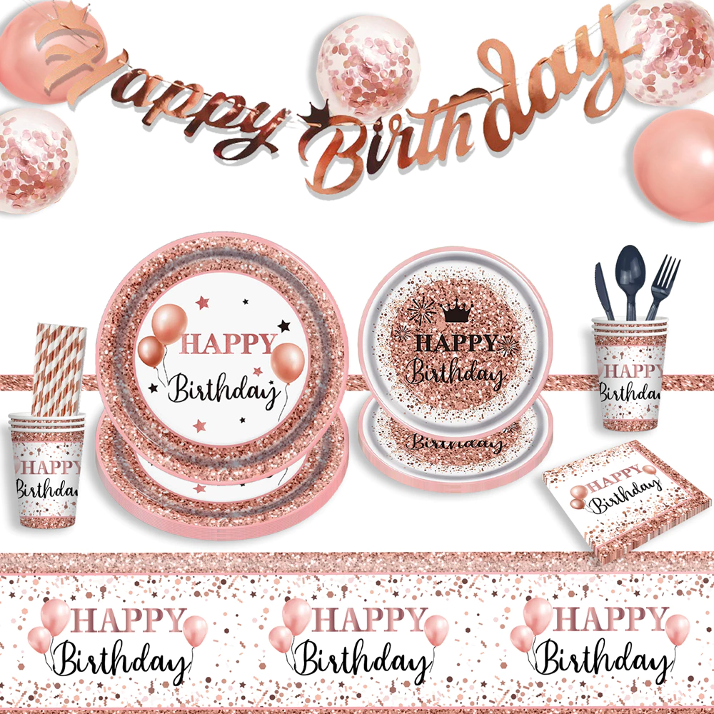 [SG]Birthday Rose Gold Theme Party Disposable Tableware Set Birthday Party Plate Cup Tissue-HOMA