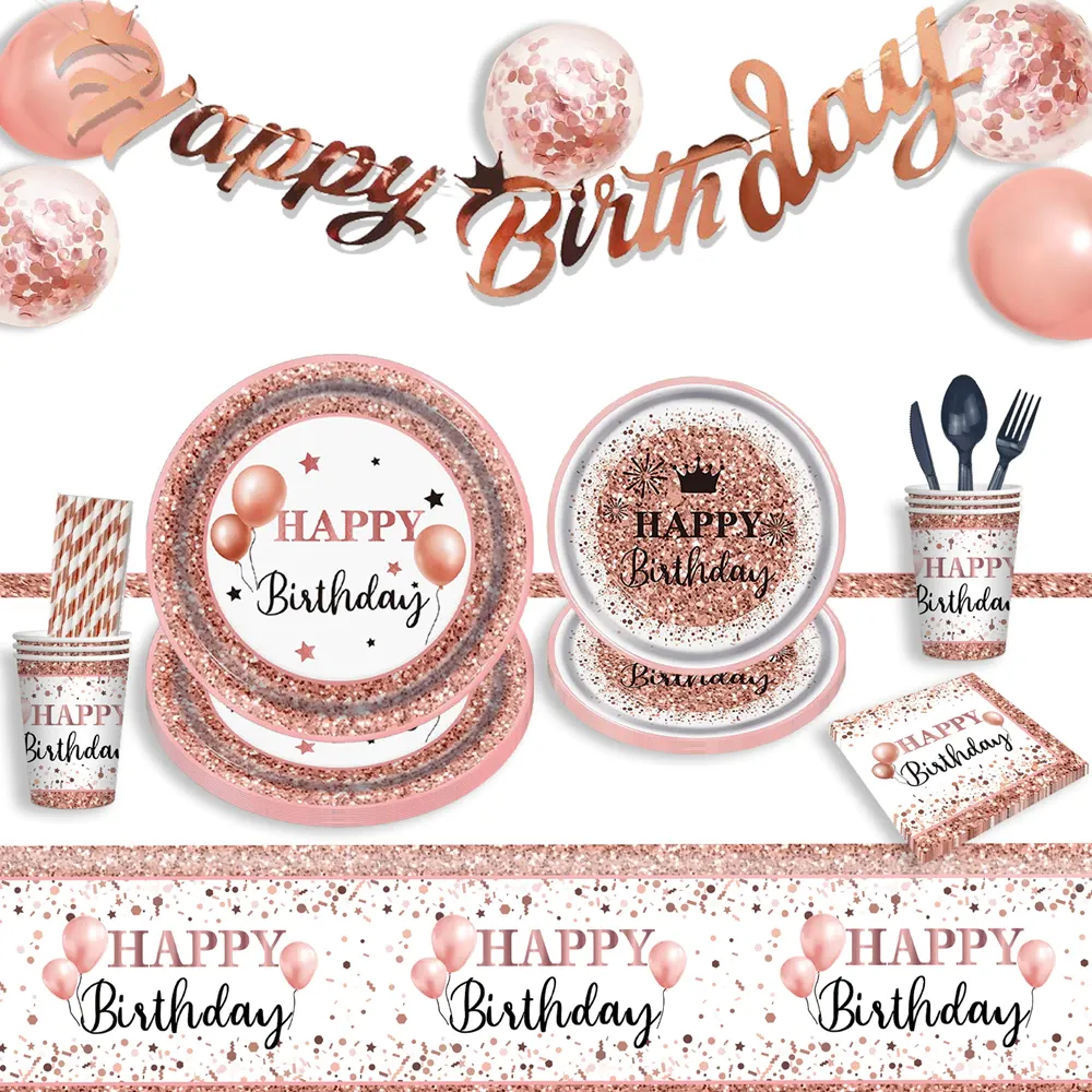 [SG]Birthday Rose Gold Theme Party Disposable Tableware Set Birthday Party Plate Cup Tissue-HOMA