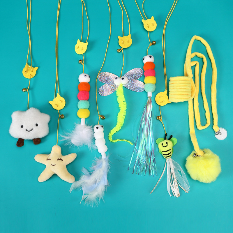 [SG]Hanging Feather Cat Teaser Toy Door Hanging Elastic Rope Caterpillar Bee Mouse Sticks Cat Chasers-HOMA