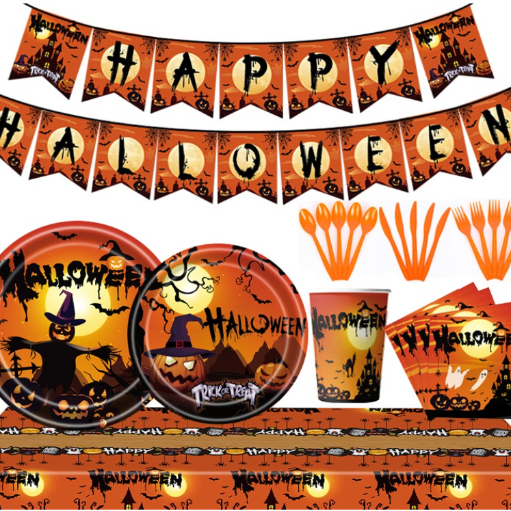 [SG] Halloween Tableware Set Halloween Party Decoration Photo Props Disposable Tableware Napkins Plates Cups-HOMA