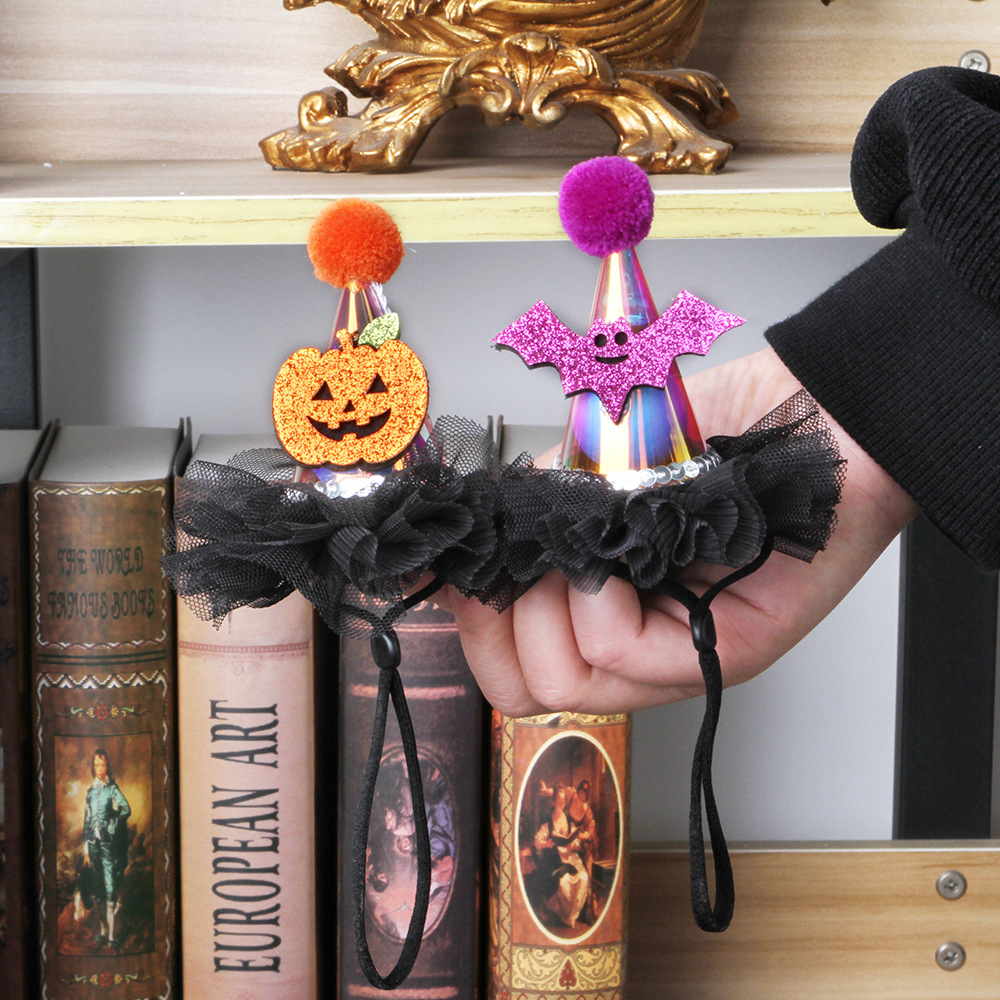 [SG]Cute Halloween Pets Pumpkin Bat Hat w/ String Dog Cat Decoration Hat Halloween Party w/ colored lights-HOMA