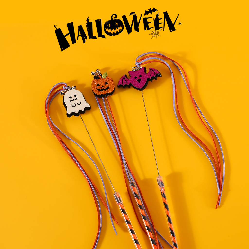 [SG]Halloween Cat Teaser Sticks Toy Ghost Bat Pumpkin Tassel Bell Interation Training Toy Flags Cat Chasers-HOMA