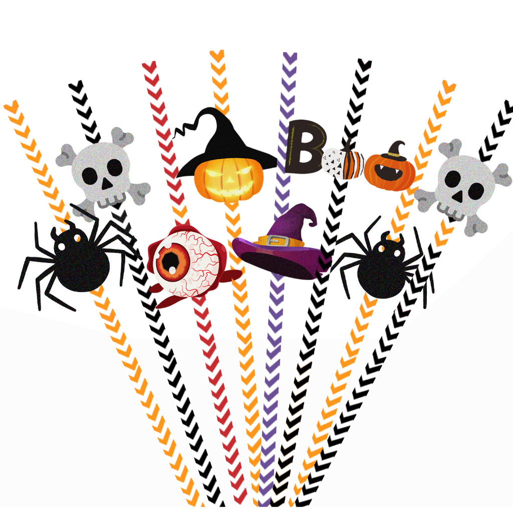 [SG] Halloween Paper Straw Set Spider Pumpkin Witch Hat Decorations Photo Props Home Part-HOMA