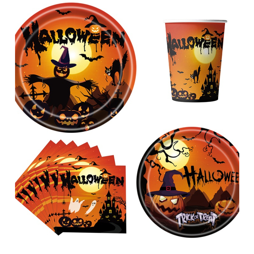 [SG] Halloween Tableware Set Halloween Party Decoration Photo Props Disposable Tableware Napkins Plates Cups-HOMA