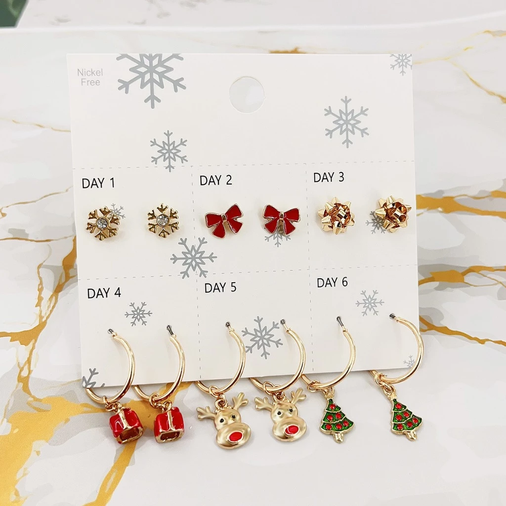 [SG]Christmas Earings/Earbuds Set 6 Pairs Deer Bowtie Xmas Tree Snow Christmas Party Xmas Gift Lady Kids Girls-HOMA