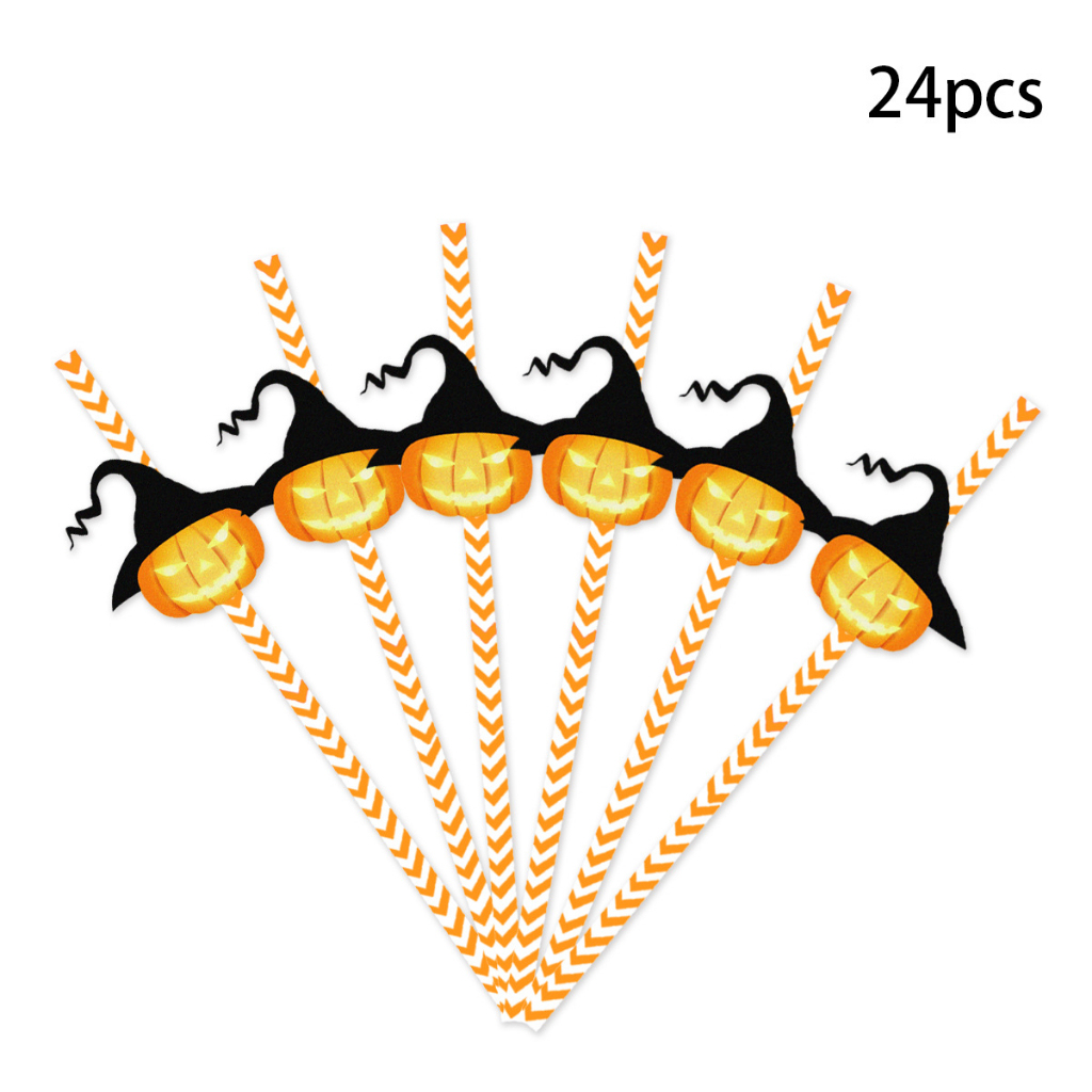 [SG] Halloween Paper Straw Set Spider Pumpkin Witch Hat Decorations Photo Props Home Part-HOMA