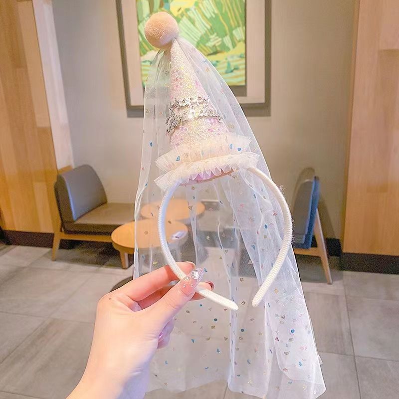 [SG] Cute Kids Veil with Hairband Birthday Hats Girls Birthday Cake Crown Tiara Kids Veil Headpieces Photo Shooting-HOMA