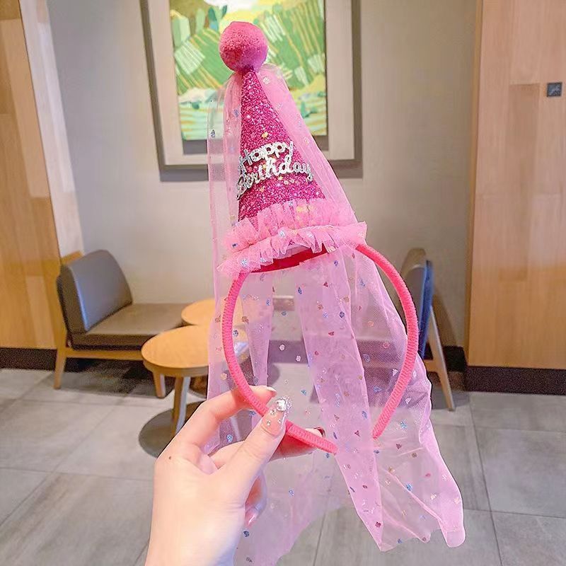 [SG] Cute Kids Veil with Hairband Birthday Hats Girls Birthday Cake Crown Tiara Kids Veil Headpieces Photo Shooting-HOMA