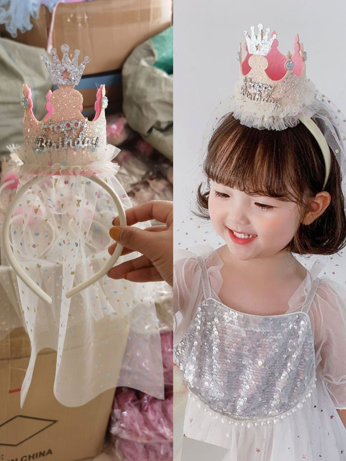 [SG] Cute Kids Veil with Hairband Birthday Hats Girls Birthday Cake Crown Tiara Kids Veil Headpieces Photo Shooting-HOMA